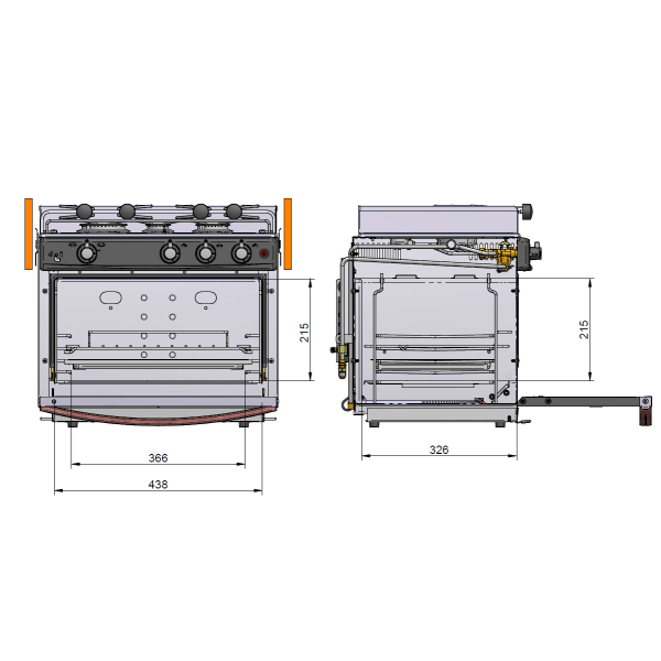 Eno, Komfyr med 2 brennere og stekeovn 25 liter, 1,75 kW - 2,5 kW, 1,8 kW, 30 mBar